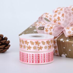 Meseey Gingerbread Ribbon 7/8 Inch 20 Yards Pink Merry Christmas Candy Cane Fabric Craft Ribbon for Christmas Gift Wrapping Wreath Bow DIY Crafts Supplies (Pink Merry Gingerbread)