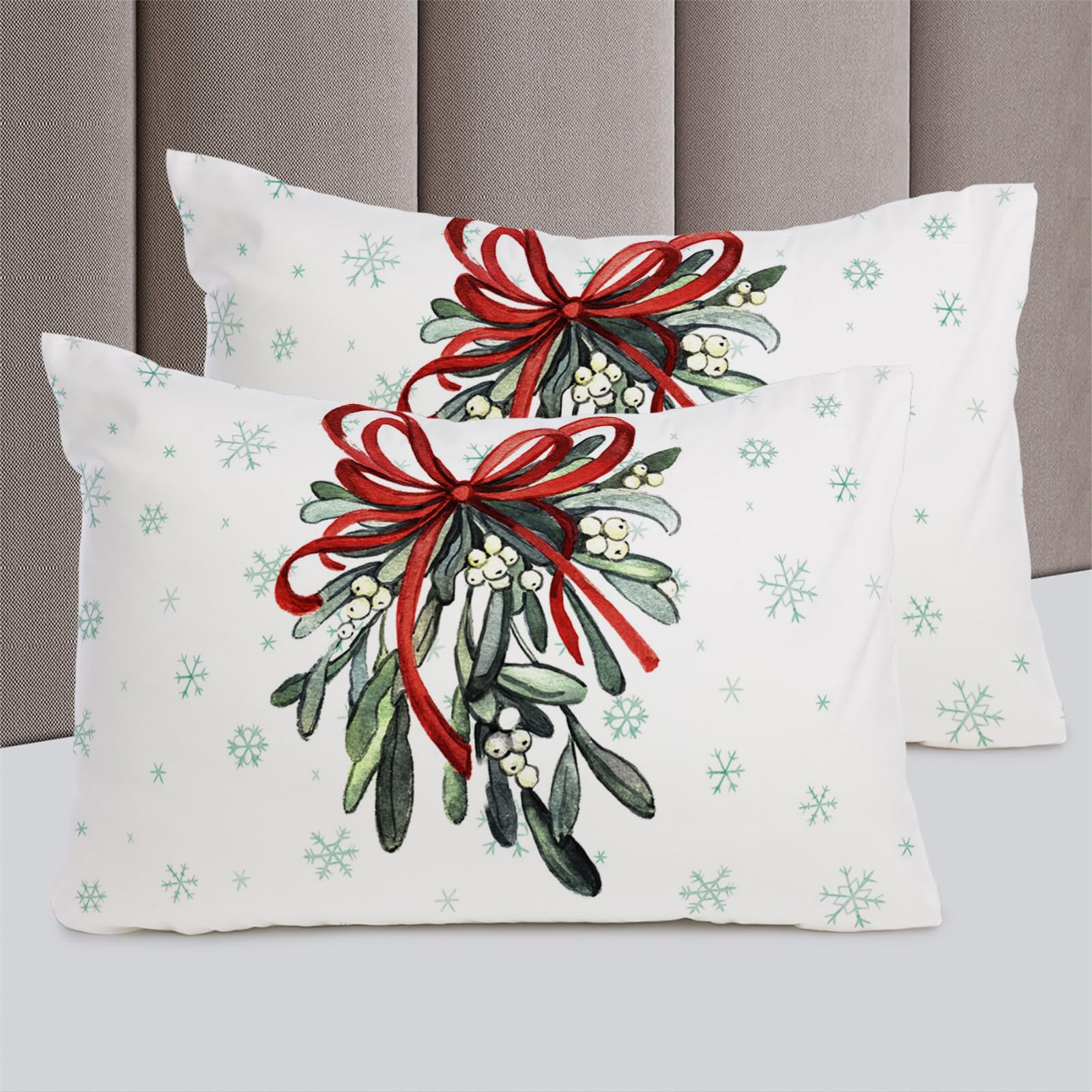 Christmas Duvet Cover Cal. King Size, Watercolor Red Green Botanical Bow Knot Winter Snowflake Comforter Cover with Zipper Closure, 3 Piece Bedding Sets 1 Duvet Cover 90x106 Inches and 2 Pillow Shams