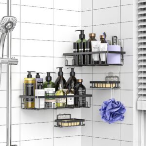 Hleelomi Shower Caddy Shelf Organizer, 4 Pack Adhesive Wall Shower Shelves, Black