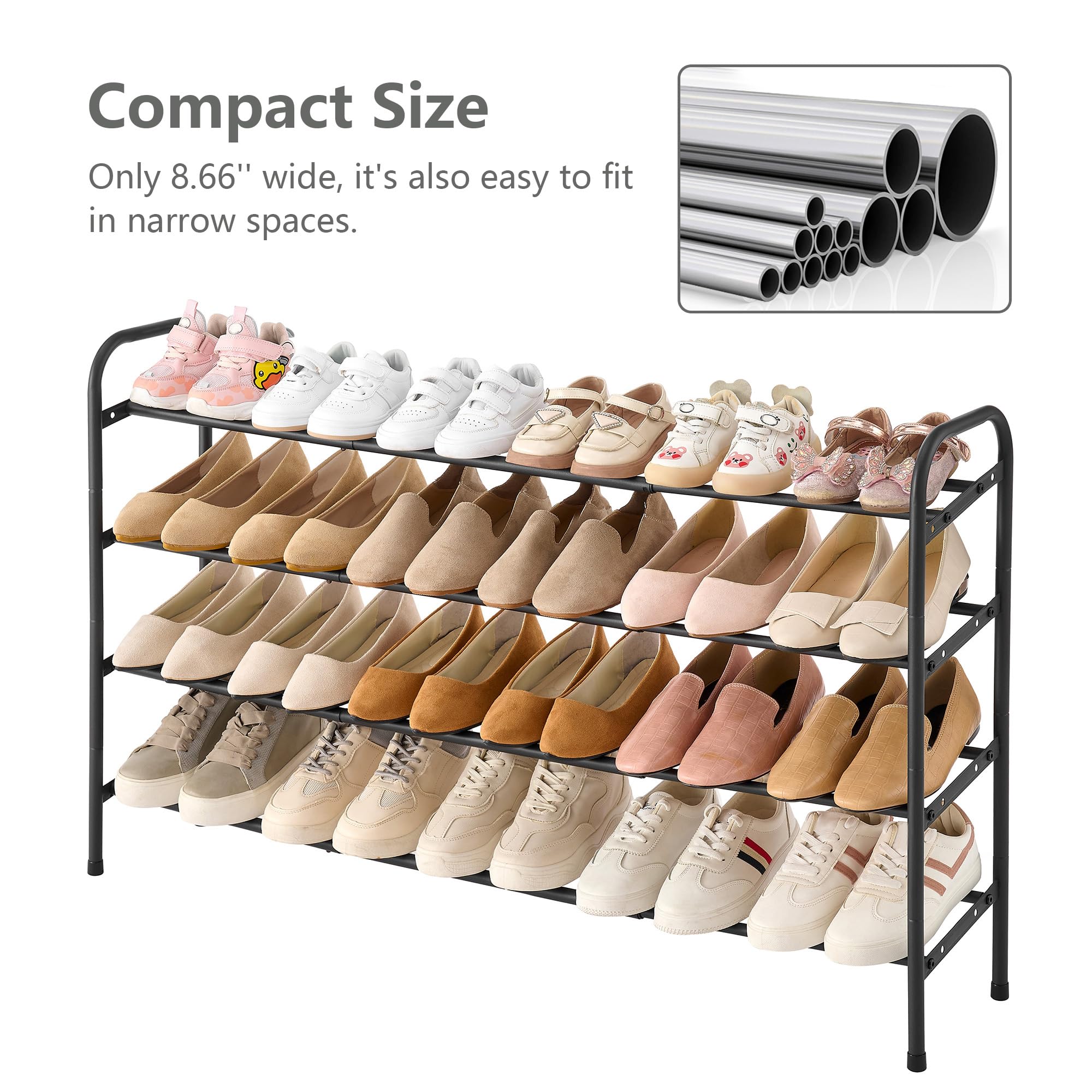 Gewudraw 4-Tier Shoe Rack Expandable, Width Adjustable Shoe Shelf Storage Organizer, 41.53'' Metal Standing Shoe Rack for Bedroom Entryway Closet, Holds up to 24 Pairs Shoes, Black