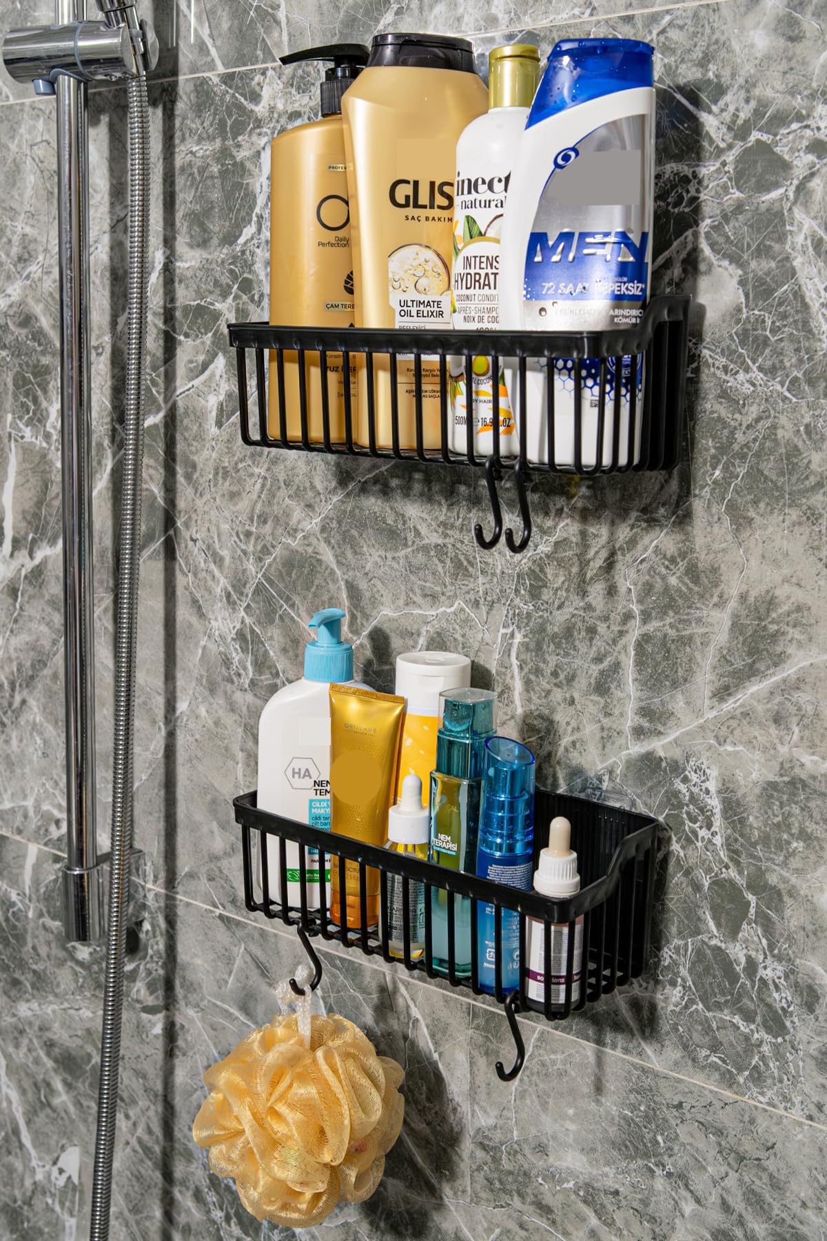 ATA HOME Shower Caddy Bathroom Shelves, Black Hanging Shower Organizer, 2-Pack Large Capacity No Drilling Easy Installation with Adhesive, Shower Shelf for Inside Shower ABS