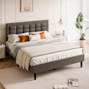 sunlei bed frame with square stitched button tufted headboard, queen upholstered platform bed with 12" storage space & linen fabric, solid wood slats support, no box spring needed, grey