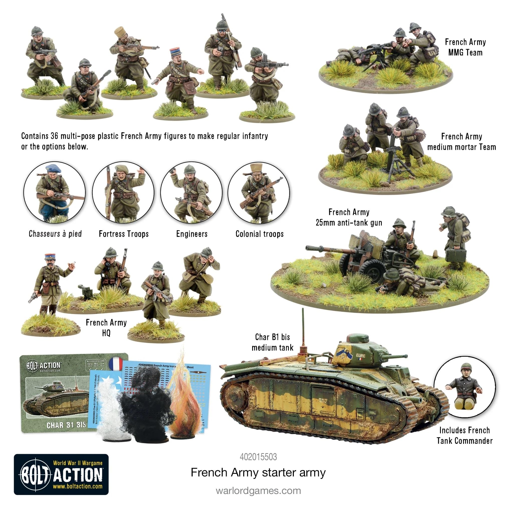 Warlord Bolt Action French Army Starter Army 1:56 Tabletop Miniatures - Plastic Paintable Miniature WWII Soldiers Set, Unpainted Table Top 28mm Military Minifigures for Adults - Gaming Figurines Pack