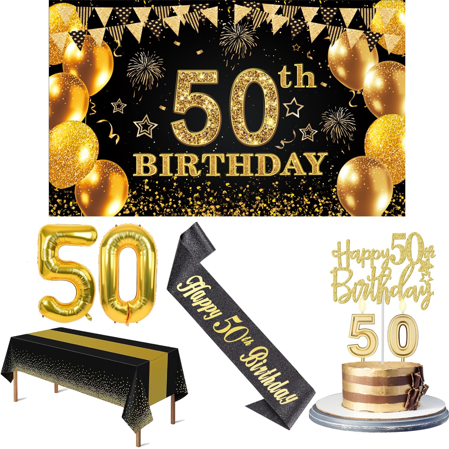 50th Birthday Decorations Men Women with 50th Birthday Banner, Black and Gold Table Cloth, 50 Number Balloons, 50th Birthday Sash, 50th Birthday Cake Topper and 50th Birthday Candles