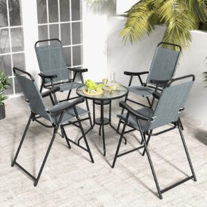 COSTWAY 2 Pieces Patio Folding Bar Chairs, High Top Patio Bar Chair with Metal Frame & Footrest, Outdoor Bar Height Chairs for Balcony, Garden & Poolside (1, Blue)