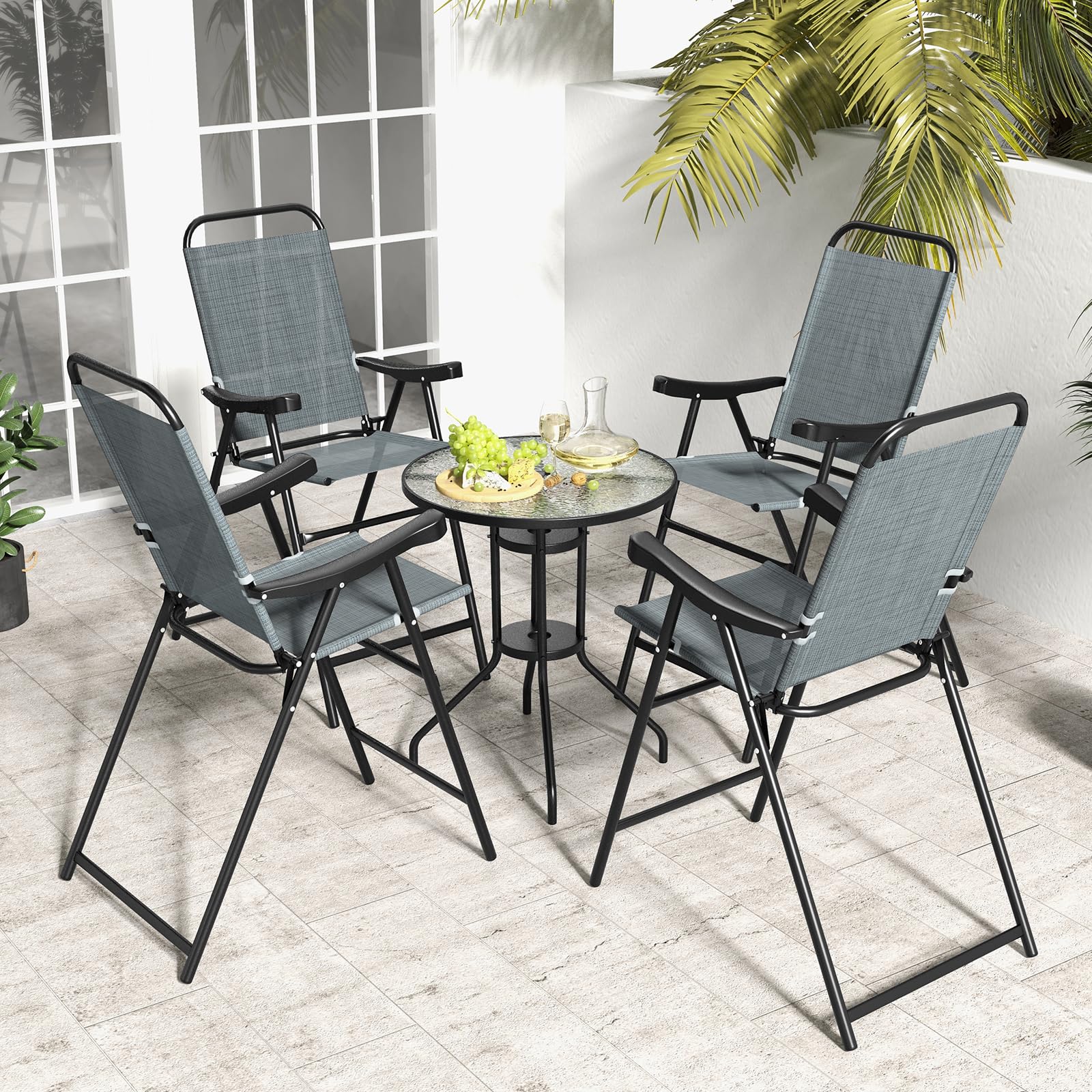 COSTWAY 2 Pieces Patio Folding Bar Chairs, High Top Patio Bar Chair with Metal Frame & Footrest, Outdoor Bar Height Chairs for Balcony, Garden & Poolside (1, Blue)