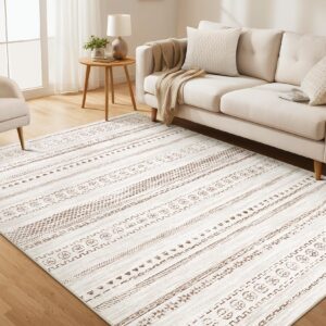 area rug living room rugs - 5x7 washable boho farmhouse bohemian neutral large rug moroccan geometric soft no slip indoor rug thin floor carpet for bedroom under dining table home office - brown