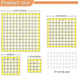 VPVPV 4 Piece Quilting Ruler,Acrylic Square Ruler,Quilting Templates,with Non Slip Rings 25 Pieces（4.5“X4.5”、6“X6”、9.5“X9.5”、12.5“X12.5”） (Yellow)