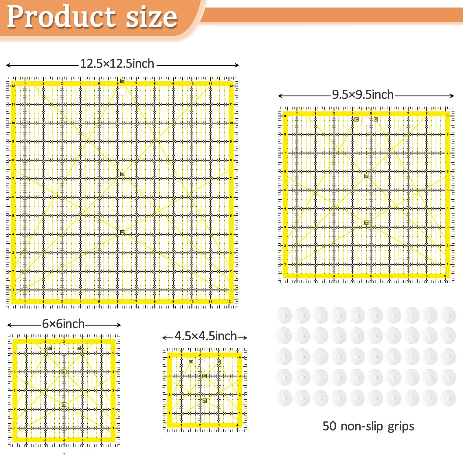 VPVPV 4 Piece Quilting Ruler,Acrylic Square Ruler,Quilting Templates,with Non Slip Rings 25 Pieces（4.5“X4.5”、6“X6”、9.5“X9.5”、12.5“X12.5”） (Yellow)