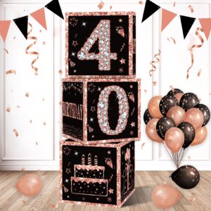 eiurteao 3pcs 40th birthday decorations boxes for women, rose gold happy 40 birthday balloons boxes party supplies, forty bday theme cardboard box decor