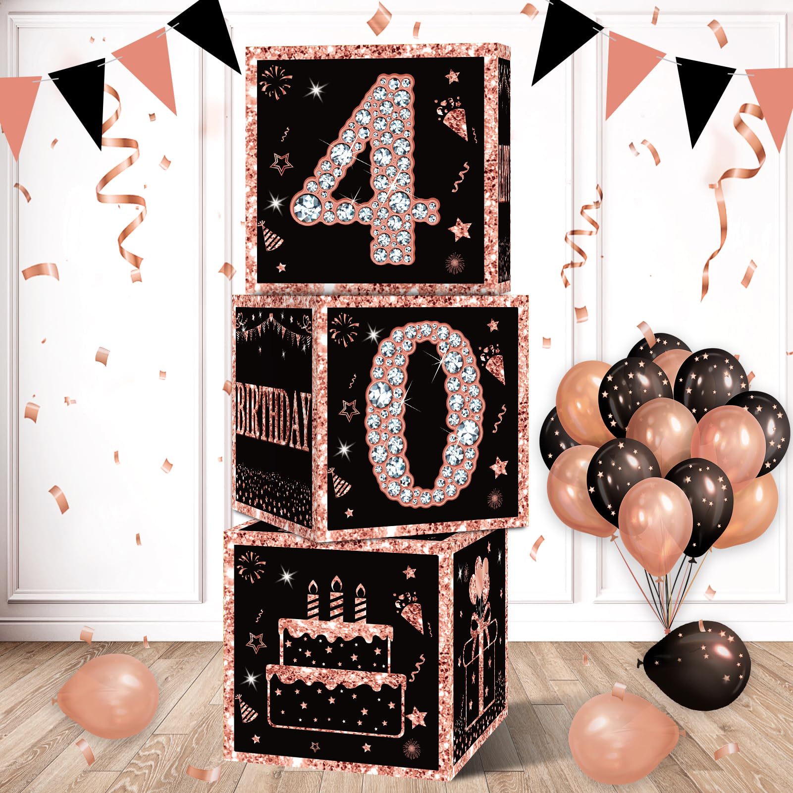 Eiurteao 3pcs 40th Birthday Decorations Boxes for Women, Rose Gold Happy 40 Birthday Balloons Boxes Party Supplies, Forty Bday Theme Cardboard Box Decor