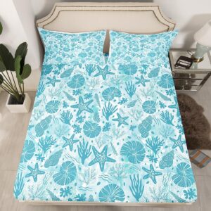 seashell conch starfish coral fitted sheet queen size,coastal ocean beach bedding set 3pcs,underwater life print bed sheet navy blue tie dye deep pocket sheet for kids teens adult bedroom decor