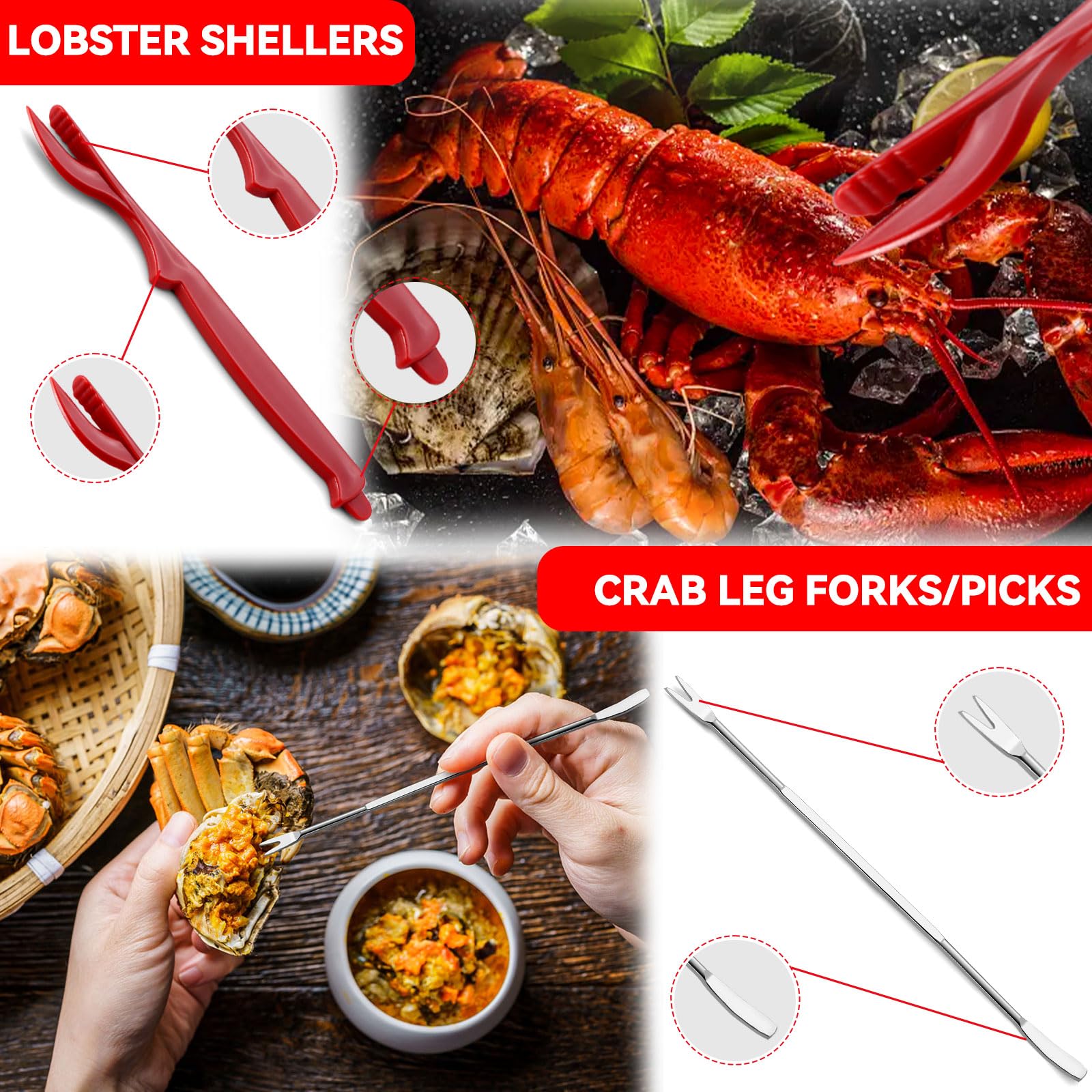 Hunnycook 34P Seafood Tools Set, 6 Crab Leg Crackers, 6 Lobster Shellers, 6 Crab Leg Forks, 6 Shrimp Deveining Tools, 2 Oyster Shucking Knives,4 Gloves, 2 Seafood Scissors, 1 Storage Bag & Gift Box