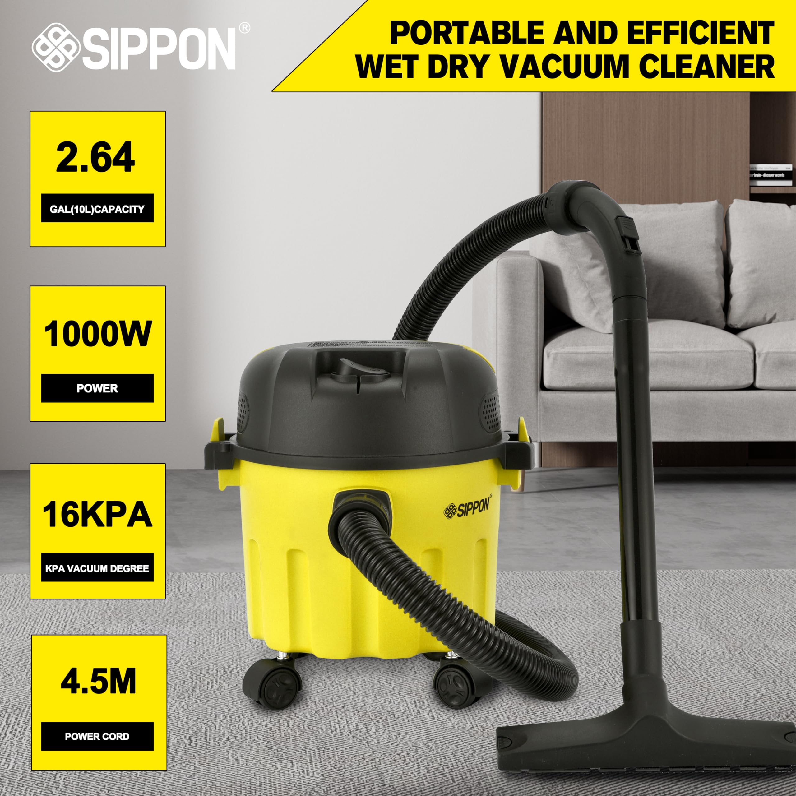 SIPPON Wet-Dry Vacuum, 3-in-1 Portable Shop Vacuum Cleaner with 2 Peak HP Power Suction, Lightweight Wet Dry Vacuum with Blower & Wall Mount Design for Car, Pet Hair, Hard Floor