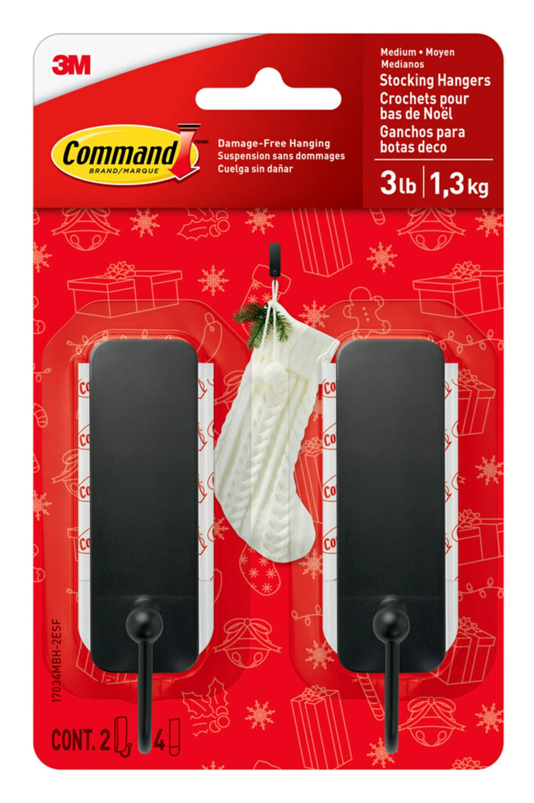 Command Medium Matte Black Stocking Hangers, 2 Hooks and 4 Command Strips, Damage Free Hanging Wall Hooks with Adhesive Strips, Coat Hooks for Hanging Christmas Decorations, Holds up to 3 lb