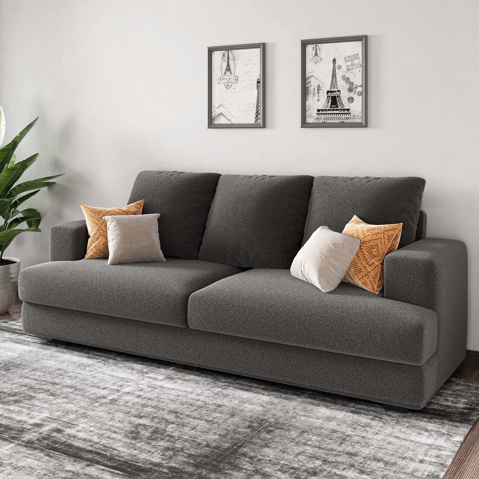 VanAcc Sofa, 3 Seater Comfy Couch Sofa- Extra Deep Seated Oversized Sofa, 97" Contemporary Couches for Living Room, Bedroom and Office (Grey,Bouclé)