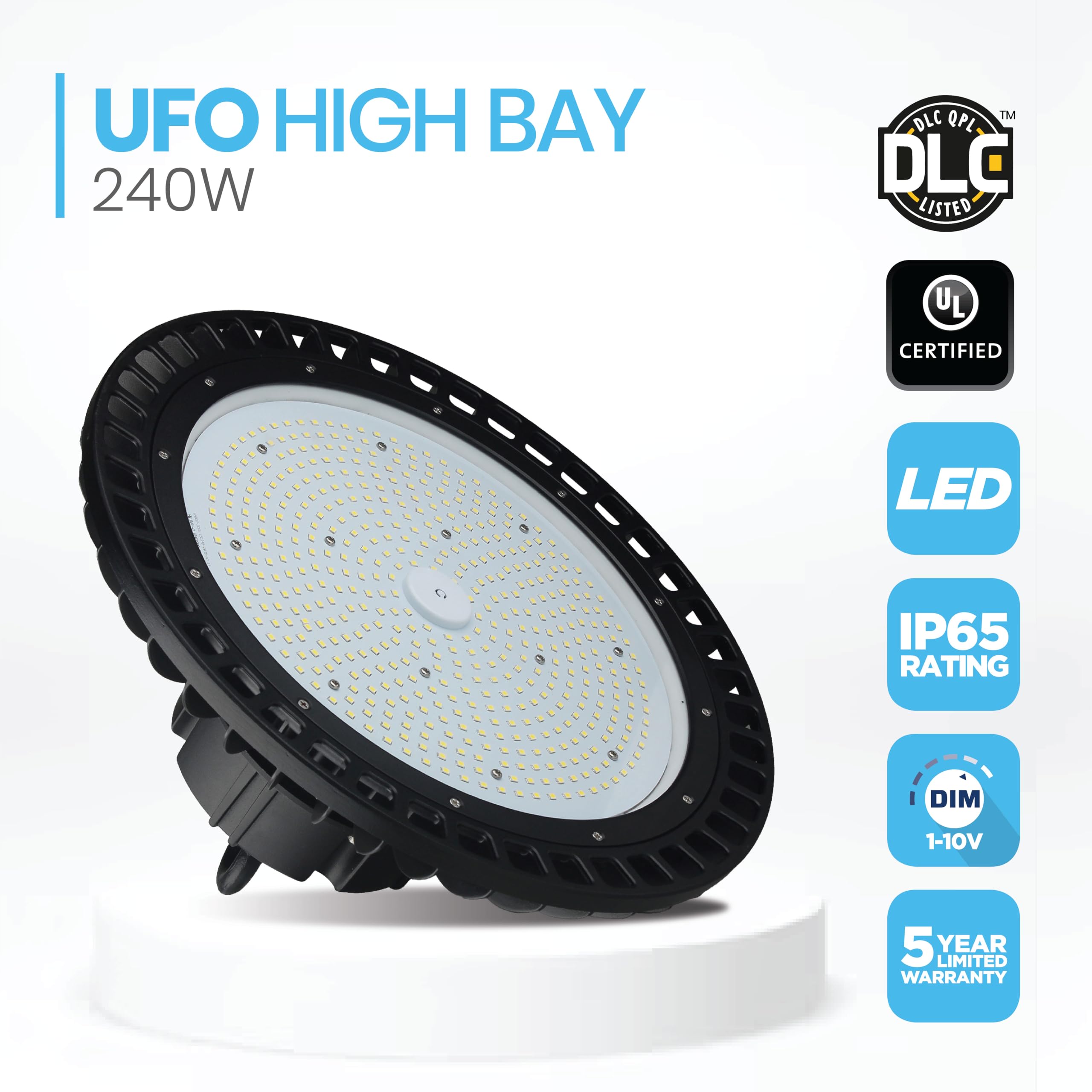 240W UFO LED High Bay Light for Warehouses, Gyms, C-Stores, 27000 Lumens, 5700K, Black, UL DLC Listed