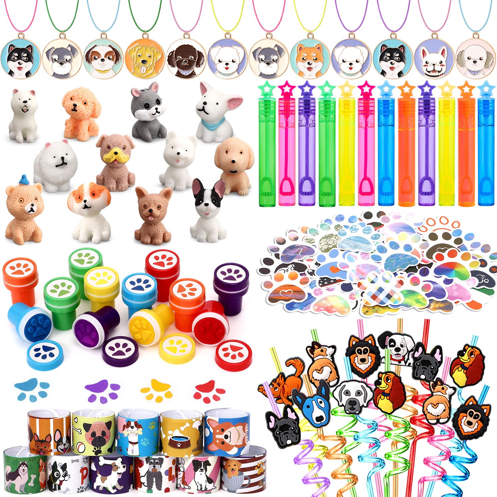 Winrayk 132Pcs Puppy Dog Party Favors Birthday Supplies Straws Dog Figures Necklace Paw Print Stamp Bubble Wand Bracelet Dog Paw Stickers Kids Boys Girls Puppy Party Favors Dog Birthday Party Supplies