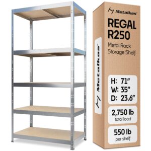 metalkas storage shelves: 5 storage shelves heavy duty w/ 2,750 lb total load capacity, 550 per storage shelf, 71x35x24 perfect solution for your storage needs, adjustable shelving unit