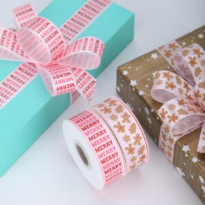 Meseey Gingerbread Ribbon 7/8 Inch 20 Yards Pink Merry Christmas Candy Cane Fabric Craft Ribbon for Christmas Gift Wrapping Wreath Bow DIY Crafts Supplies (Pink Merry Gingerbread)