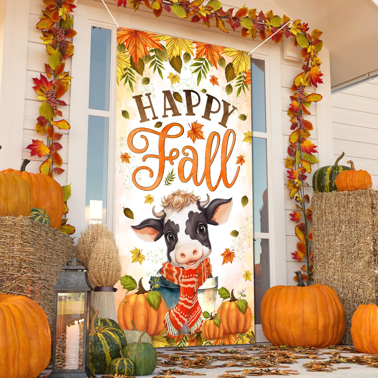 Happy Fall Door Cover Fall Party Decorations Baby Cow with Scarf Fall Festival Decorations Pumpkin Door Banner for Autumn Harvest Thanksgiving Party Supplies