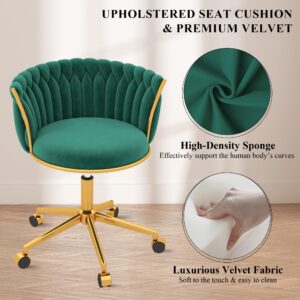 GOOLON Velvet Desk Chair, Modern Office Chair with Wheels, Home Swivel Vanity Armchair with Woven Back Comfy Height Adjustable Seat Sturdy Golden Metal Rolling Base for Makeup Bedroom, Dark Green