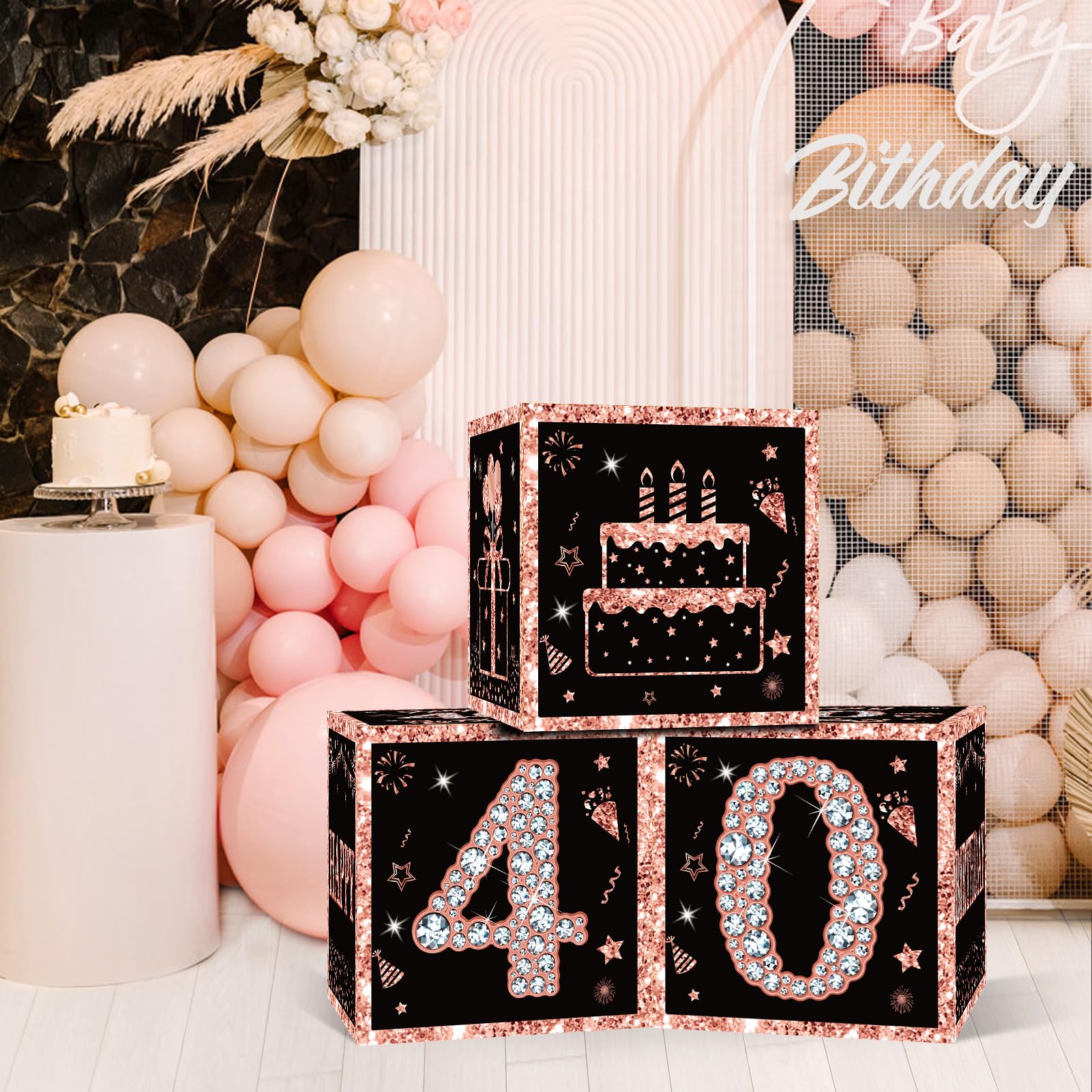 Eiurteao 3pcs 40th Birthday Decorations Boxes for Women, Rose Gold Happy 40 Birthday Balloons Boxes Party Supplies, Forty Bday Theme Cardboard Box Decor