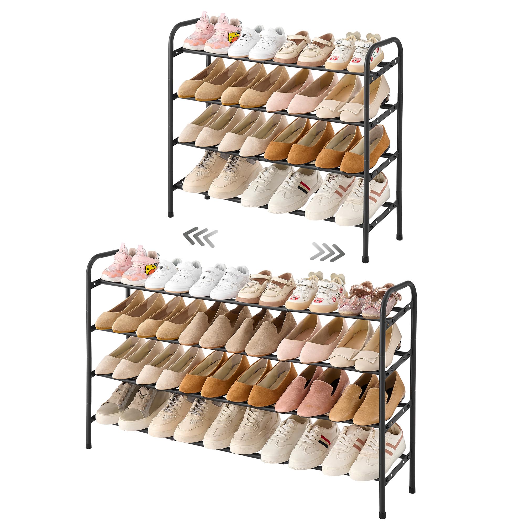 Gewudraw 4-Tier Shoe Rack Expandable, Width Adjustable Shoe Shelf Storage Organizer, 41.53'' Metal Standing Shoe Rack for Bedroom Entryway Closet, Holds up to 24 Pairs Shoes, Black