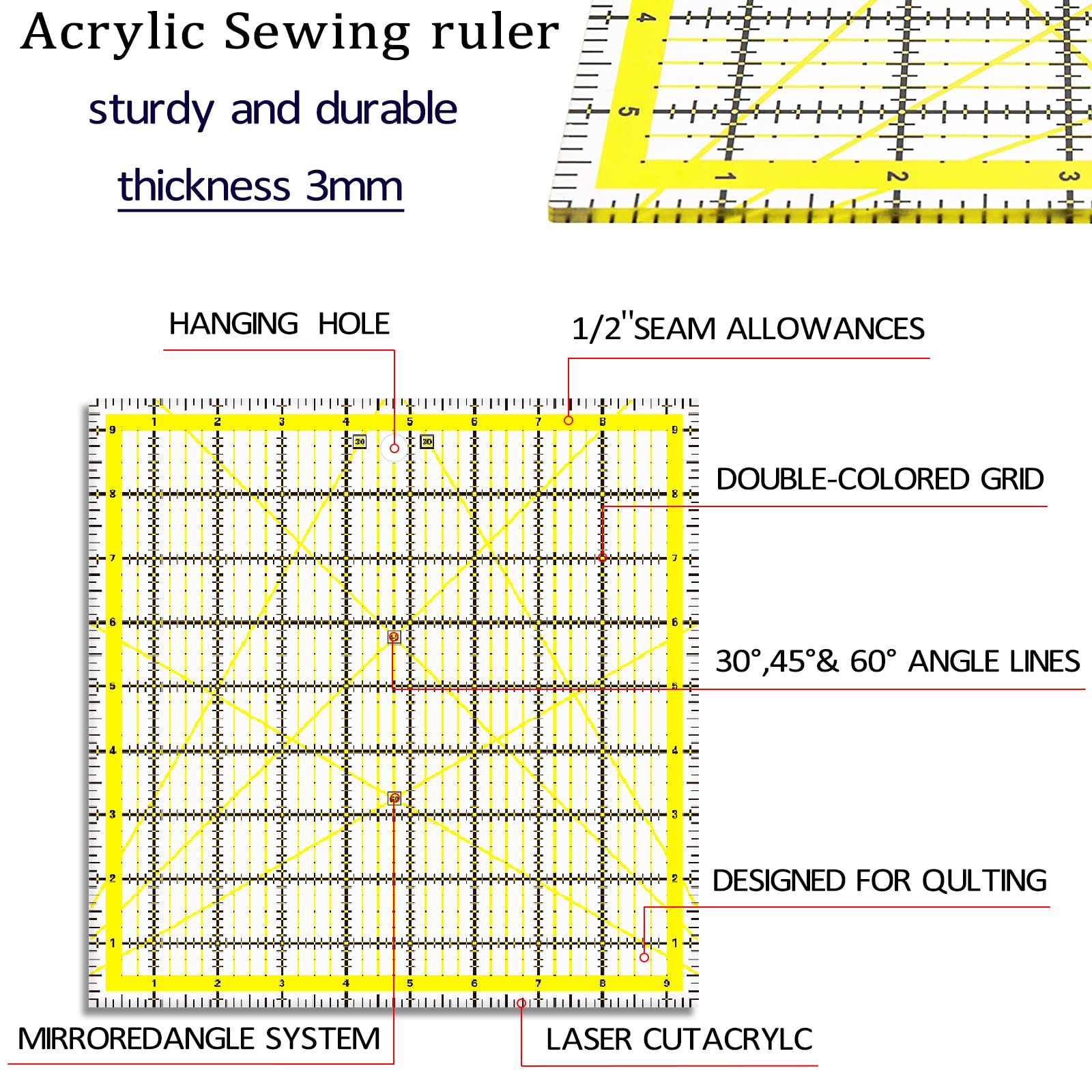 VPVPV 4 Piece Quilting Ruler,Acrylic Square Ruler,Quilting Templates,with Non Slip Rings 25 Pieces（4.5“X4.5”、6“X6”、9.5“X9.5”、12.5“X12.5”） (Yellow)