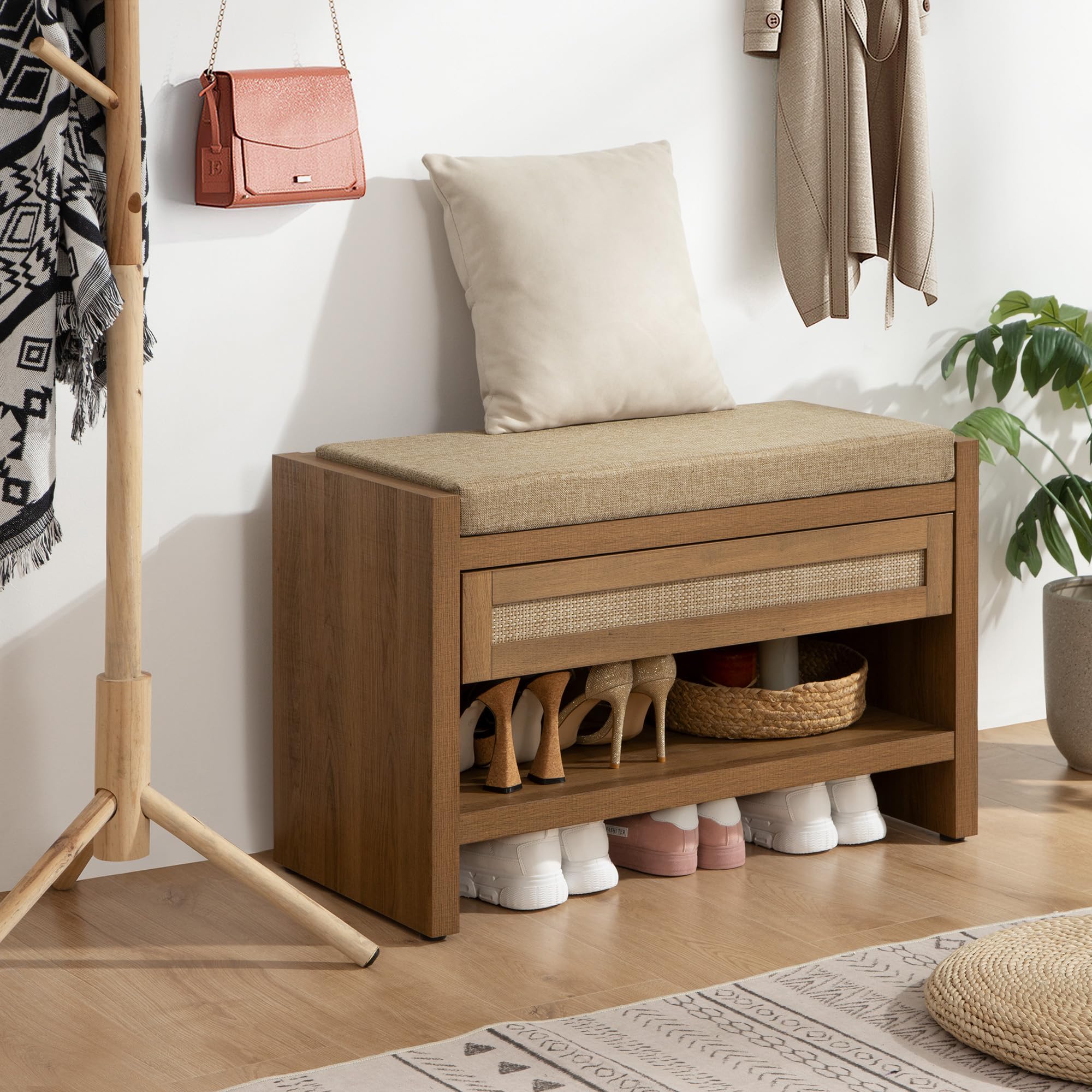 SICOTAS Rattan Shoe Bench Entryway Bench with Storage Drawer and Linen Seat Cushion, Farmhouse Boho Shoe Rack Bench with Shelf, Wooden Storage Bench for Entryway Hallway and Bedroom, Natural Oak