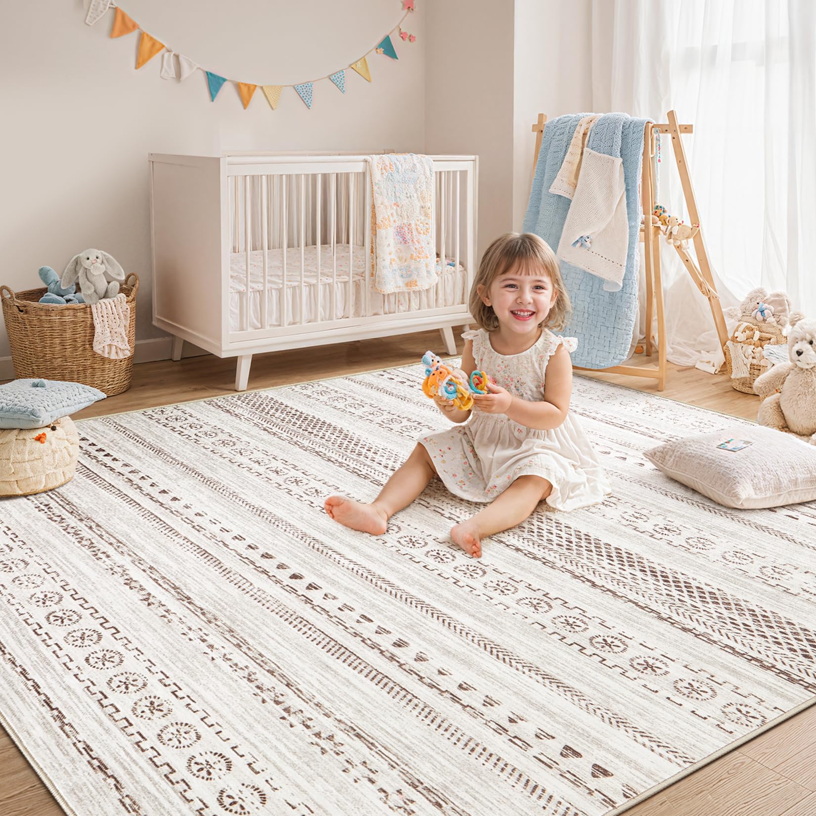 Area Rug Living Room Rugs - 5x7 Washable Boho Farmhouse Bohemian Neutral Large Rug Moroccan Geometric Soft No Slip Indoor Rug Thin Floor Carpet for Bedroom Under Dining Table Home Office - Brown