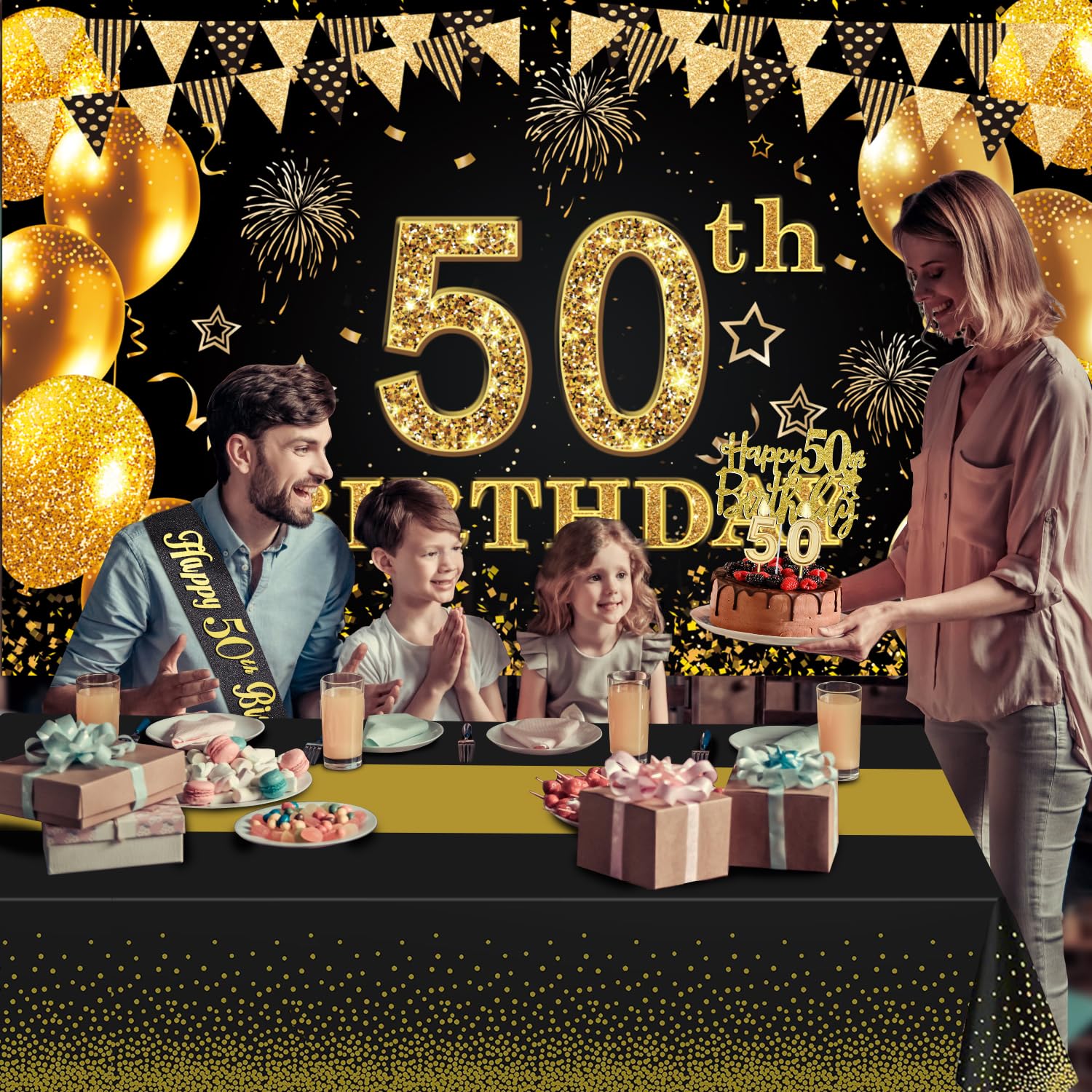 50th Birthday Decorations Men Women with 50th Birthday Banner, Black and Gold Table Cloth, 50 Number Balloons, 50th Birthday Sash, 50th Birthday Cake Topper and 50th Birthday Candles