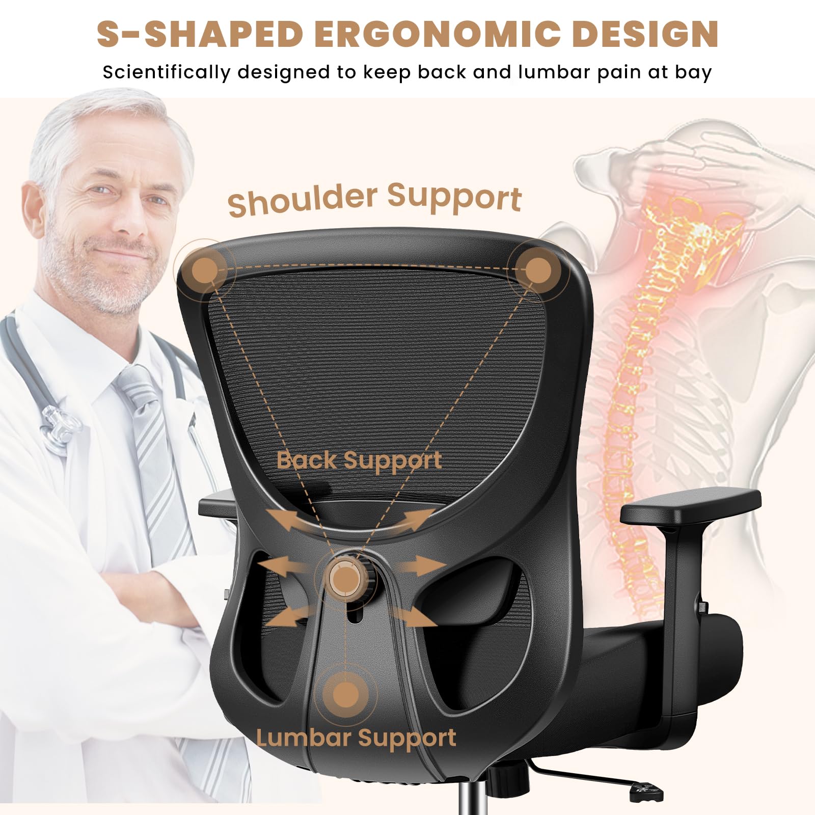 Razzor Office Chair Ergonomic Desk Chair with Adjustable Lumbar Support, Swivel Comfy Computer Chair Heavy Duty Executive Chair for Home Office