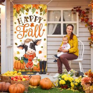 Happy Fall Door Cover Fall Party Decorations Baby Cow with Scarf Fall Festival Decorations Pumpkin Door Banner for Autumn Harvest Thanksgiving Party Supplies