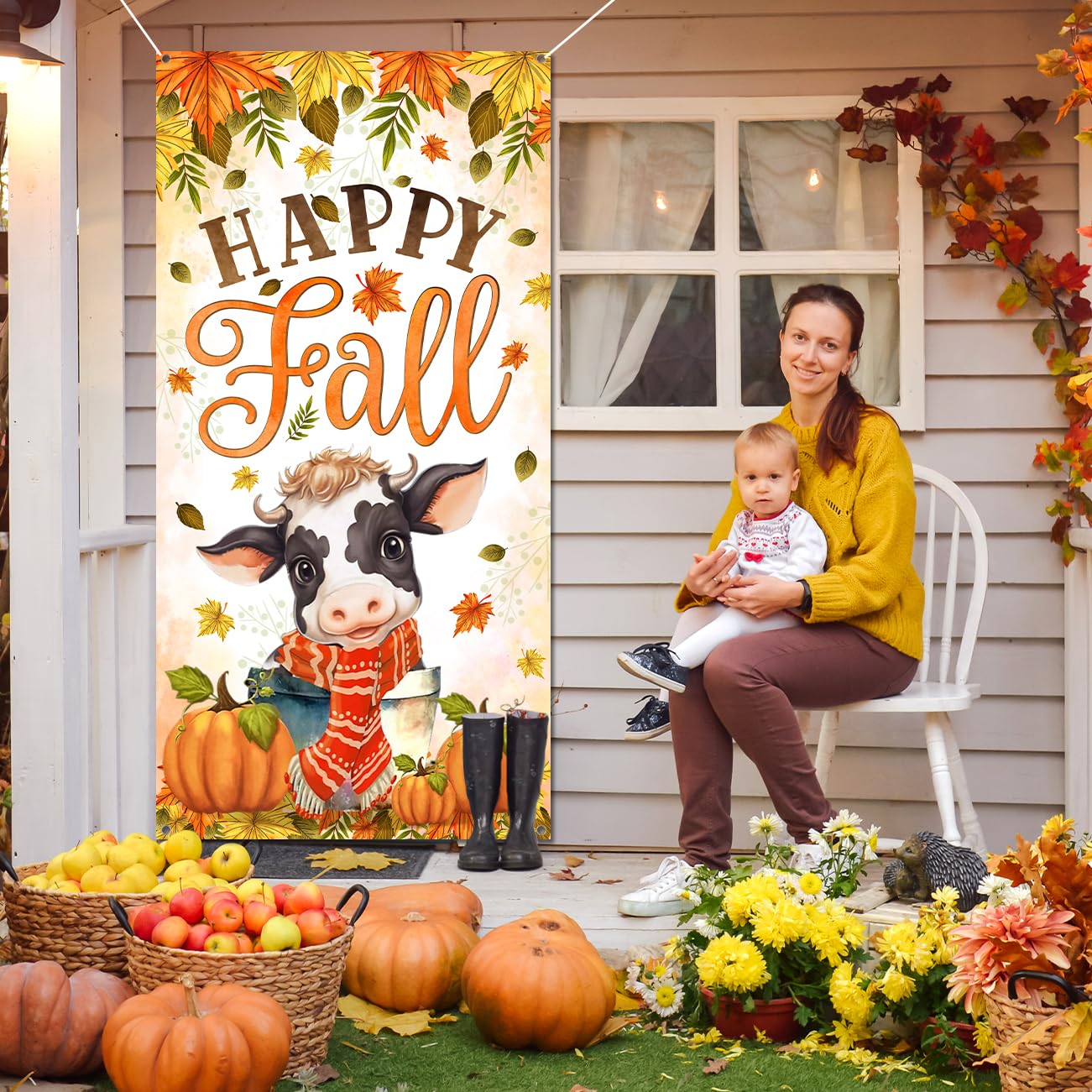 Happy Fall Door Cover Fall Party Decorations Baby Cow with Scarf Fall Festival Decorations Pumpkin Door Banner for Autumn Harvest Thanksgiving Party Supplies