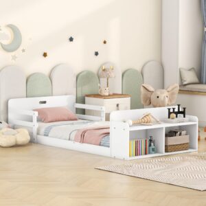 Harper & Bright Designs Twin Size Floor Bed with Storage Footboard and Guardrail, Montessori Floor Bed Twin Bed Frame for Kids, Wood Platform Bed with Headboard, White