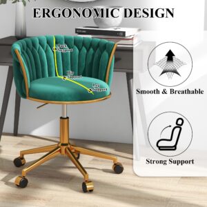 GOOLON Velvet Desk Chair, Modern Office Chair with Wheels, Home Swivel Vanity Armchair with Woven Back Comfy Height Adjustable Seat Sturdy Golden Metal Rolling Base for Makeup Bedroom, Dark Green