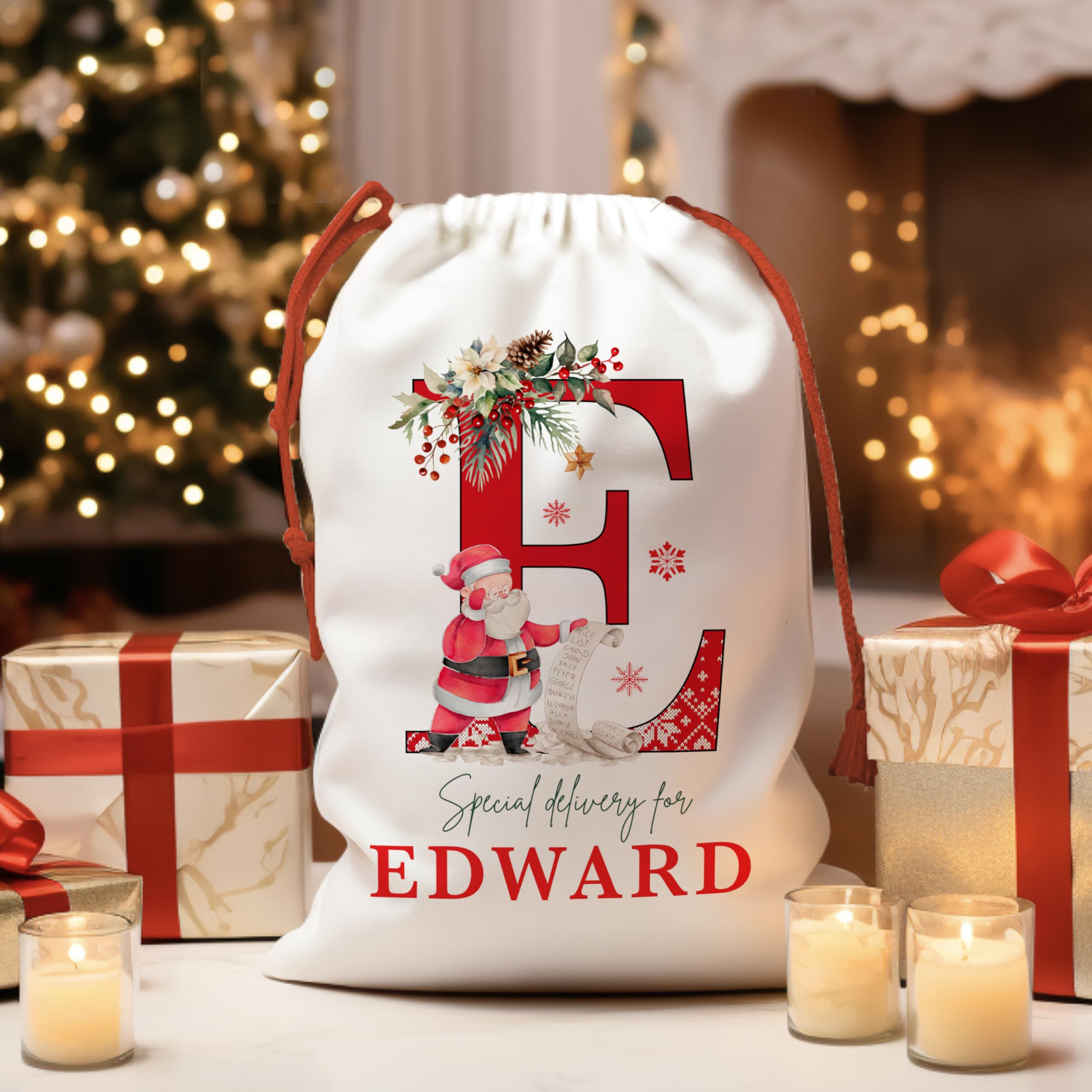 Custom Initial Christmas Santa Sack, Personalized Xmas Gift Pouch, Monogrammed Drawstring Bag