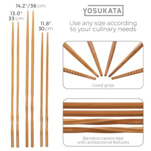 YOSUKATA Carbon Steel Wok Pan - 14 “ Woks and Stir Fry Pans + Reusable Natural Wooden Long Cooking Chopsticks Set of 3 pairs: 11.8 inch, 13-inch, 14.2 inch