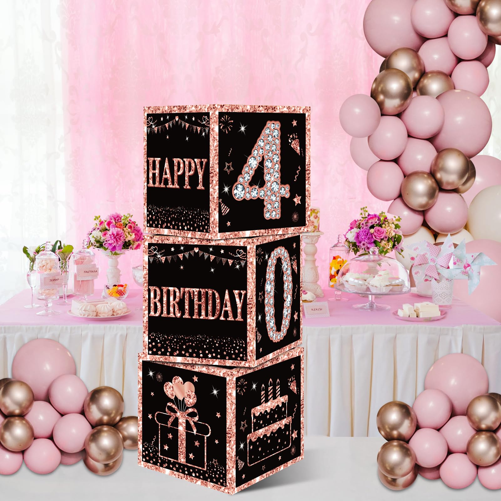 Eiurteao 3pcs 40th Birthday Decorations Boxes for Women, Rose Gold Happy 40 Birthday Balloons Boxes Party Supplies, Forty Bday Theme Cardboard Box Decor