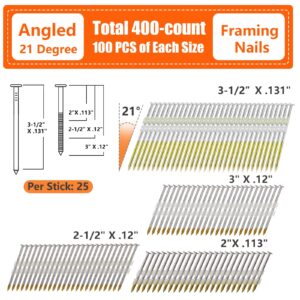 SITLDY 21 Degree Framing Nails 4 SIZES (2"+2-1/2"+3.0") Ring Shank+3-1/2" Smooth Shank), Full Round Head Hot Dipped Galvanized, 100 per Size, 400 Count, Assorted Size, 20 to 22 Degree Framing Nailer