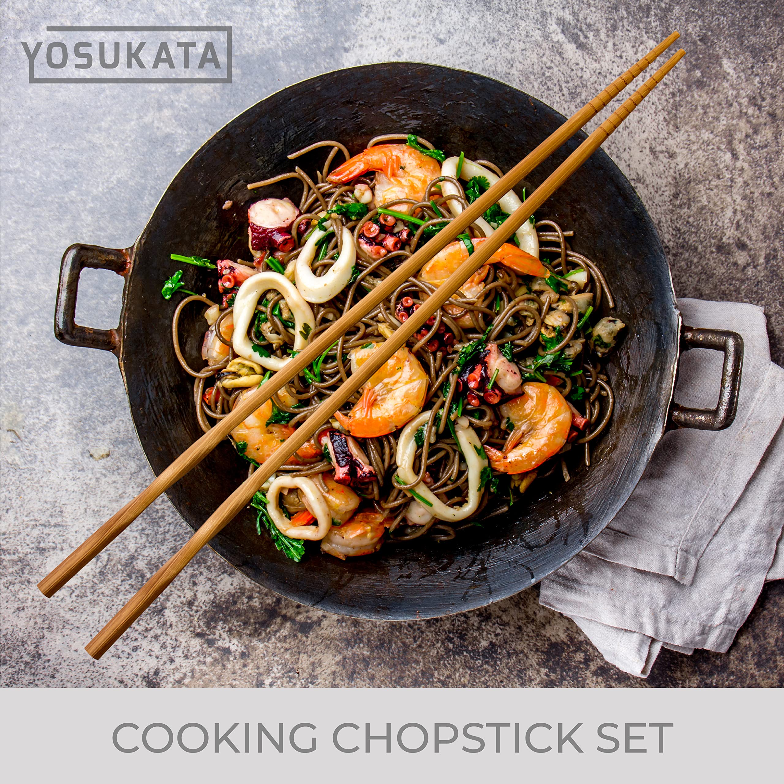 YOSUKATA Carbon Steel Wok Pan - 14 “ Woks and Stir Fry Pans + Reusable Natural Wooden Long Cooking Chopsticks Set of 3 pairs: 11.8 inch, 13-inch, 14.2 inch