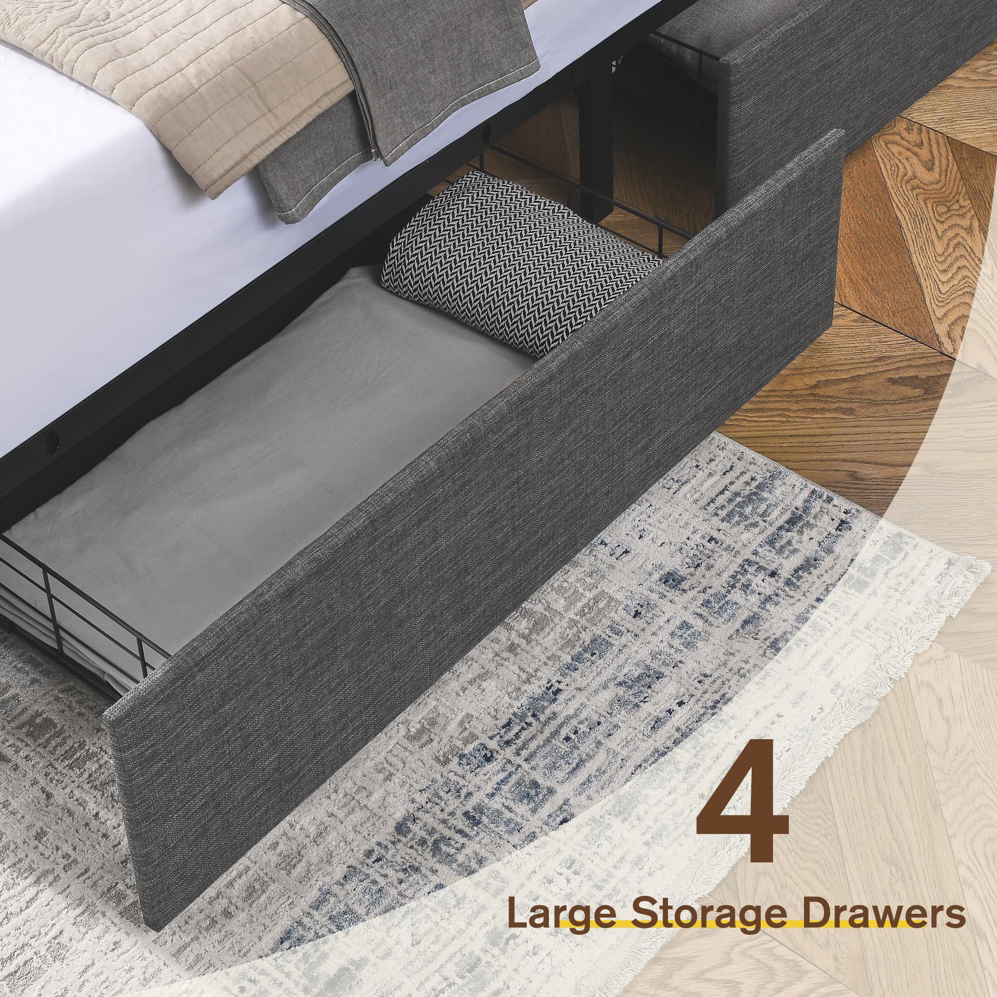 Full Size Bed Frame with Tall Bookcase Headboard and Charging Station, LED Bed Frame with 4 Storage Drawers, Upholstered Platform Bed with Heavy Duty Support Legs, No Box Spring Needed, Dark Grey