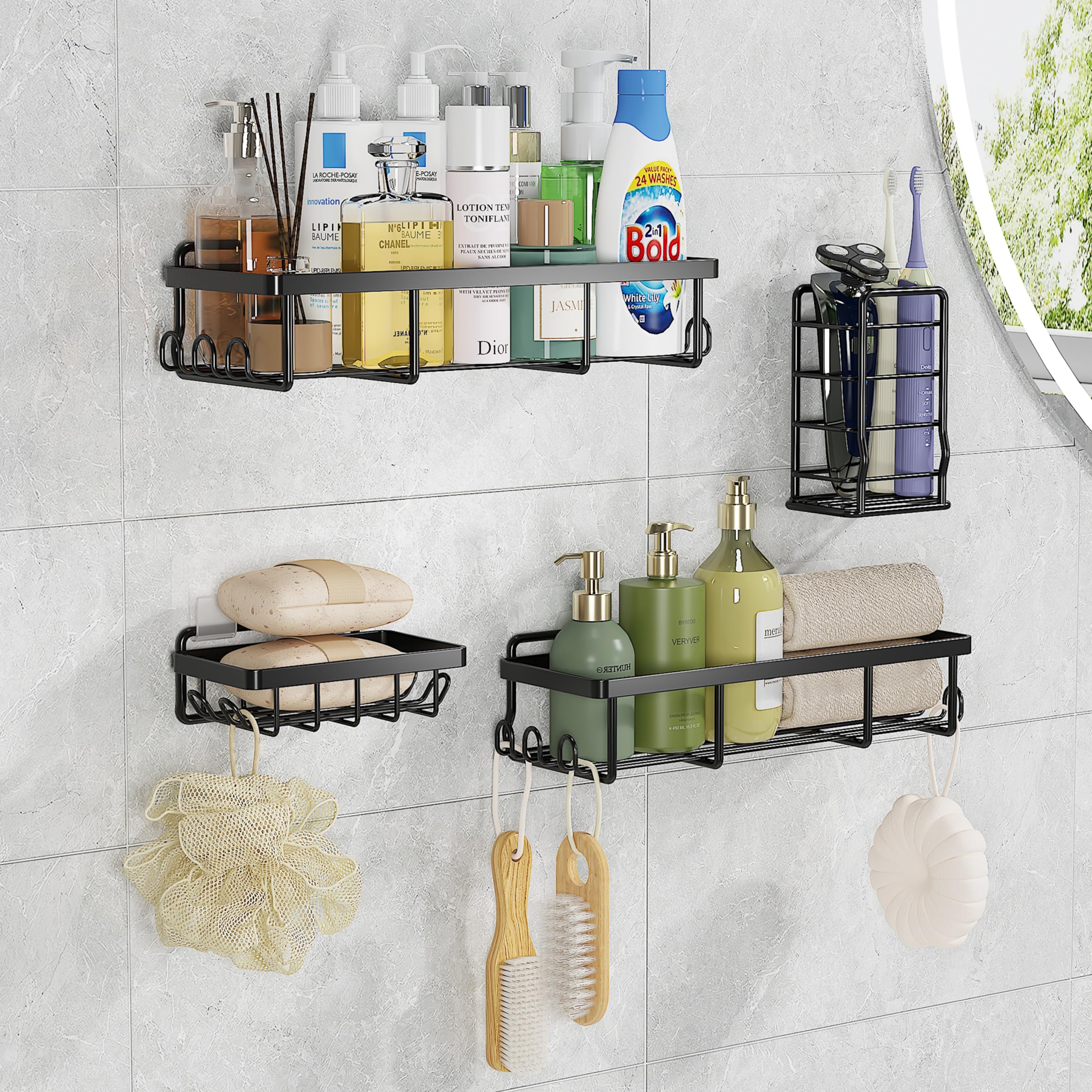 KOKSTOP Shower Caddy Organizer: 4 Pack Adhesive Wall Mounted Hanging Shelf with 12 Hooks for Shower Storage Accessories Toothbrush Holder Soap Baskets Shower Racks for Inside Shower - Black