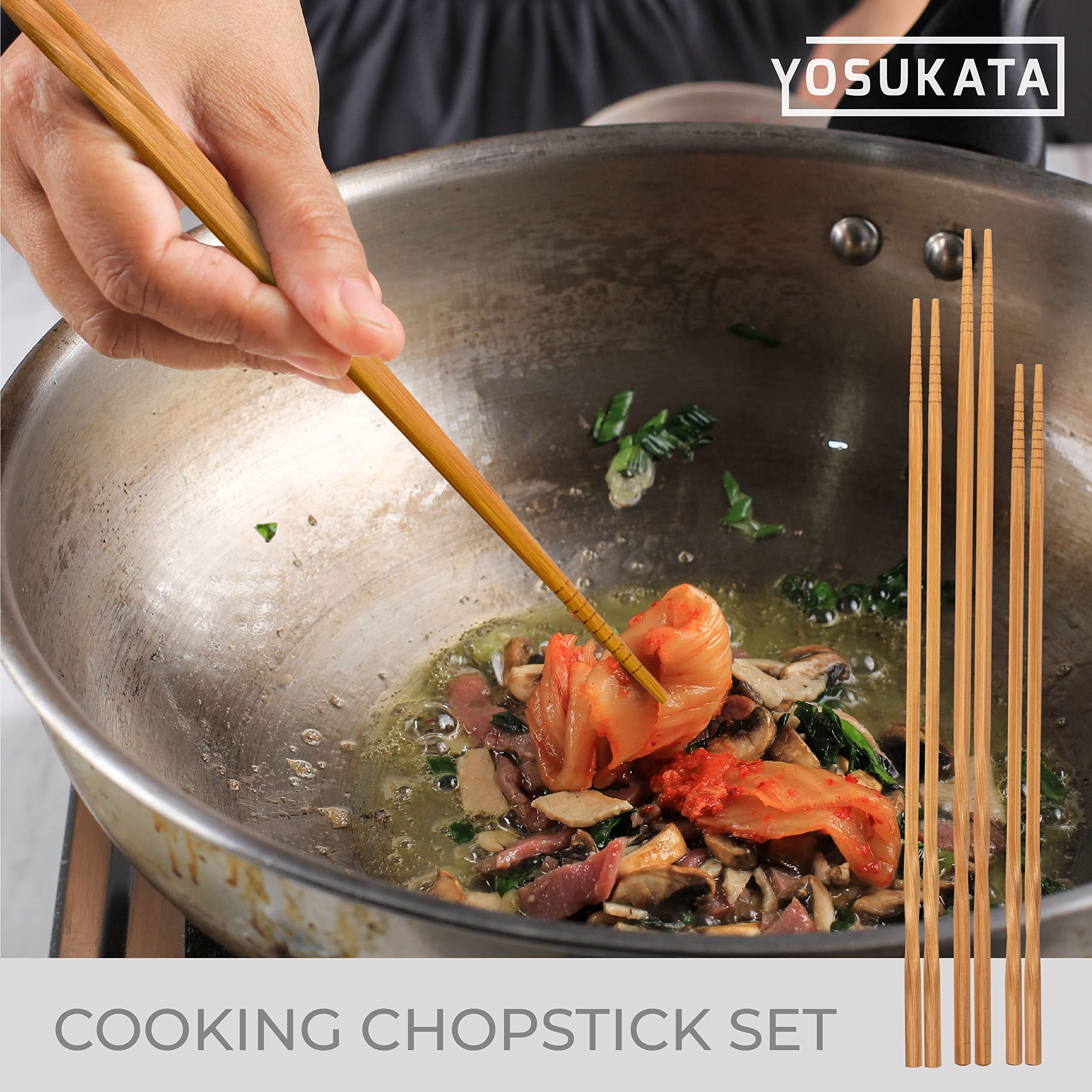 YOSUKATA Carbon Steel Wok Pan - 14 “ Woks and Stir Fry Pans + Reusable Natural Wooden Long Cooking Chopsticks Set of 3 pairs: 11.8 inch, 13-inch, 14.2 inch