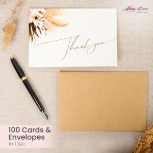 Anna Marie Collections 100 Pack Thank You Cards with Envelopes, Bulk, Boho Floral Design – Bridal Shower, Wedding, Small Business, Baby, Birthday, Graduation – All Occasions, Blank, 4x6