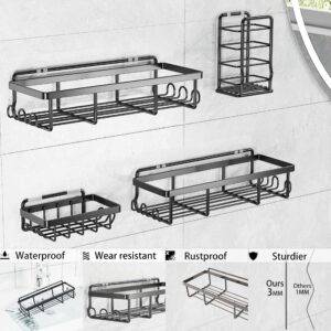 KOKSTOP Shower Caddy Organizer: 4 Pack Adhesive Wall Mounted Hanging Shelf with 12 Hooks for Shower Storage Accessories Toothbrush Holder Soap Baskets Shower Racks for Inside Shower - Black