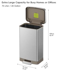 EKO Hudson Matte Stainless 75 Liter/20 Gallon Step Trash Can with Rear Trash Bag Storage Compartment