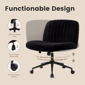 IWMH Armless Wide Seat Office Chair, Criss Cross Legged Desk Chair with Wheels, Height Adjustable Computer Task Chair,Wide Seat Swivel Vanity Chair for Home,Office,Bedroom, Make Up, Small Space,Black