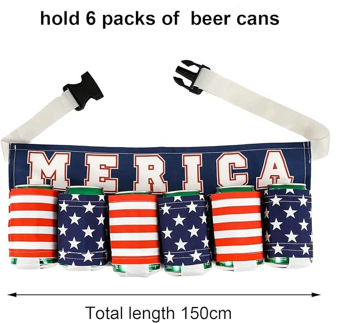 Beer Belt,Fourth of July American Patriotic Beer Gift For Men,6 Pack Insulated Beer Holder, Novelty USA Beer Soda Can Holster.Beer Accessories For White Elephant Party Festival Holiday Game Night